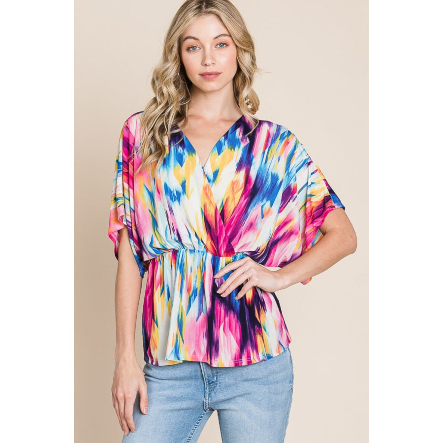BOMBOM Printed Surplice Peplum Blouse Apparel and Accessories