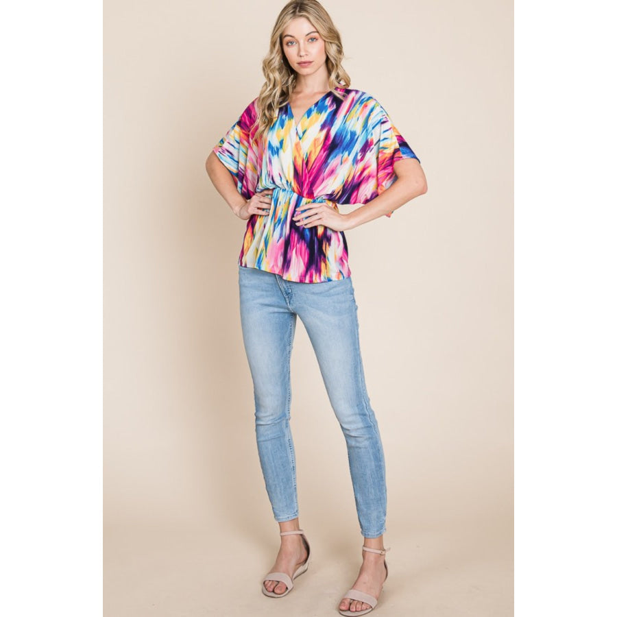 BOMBOM Printed Surplice Peplum Blouse Apparel and Accessories