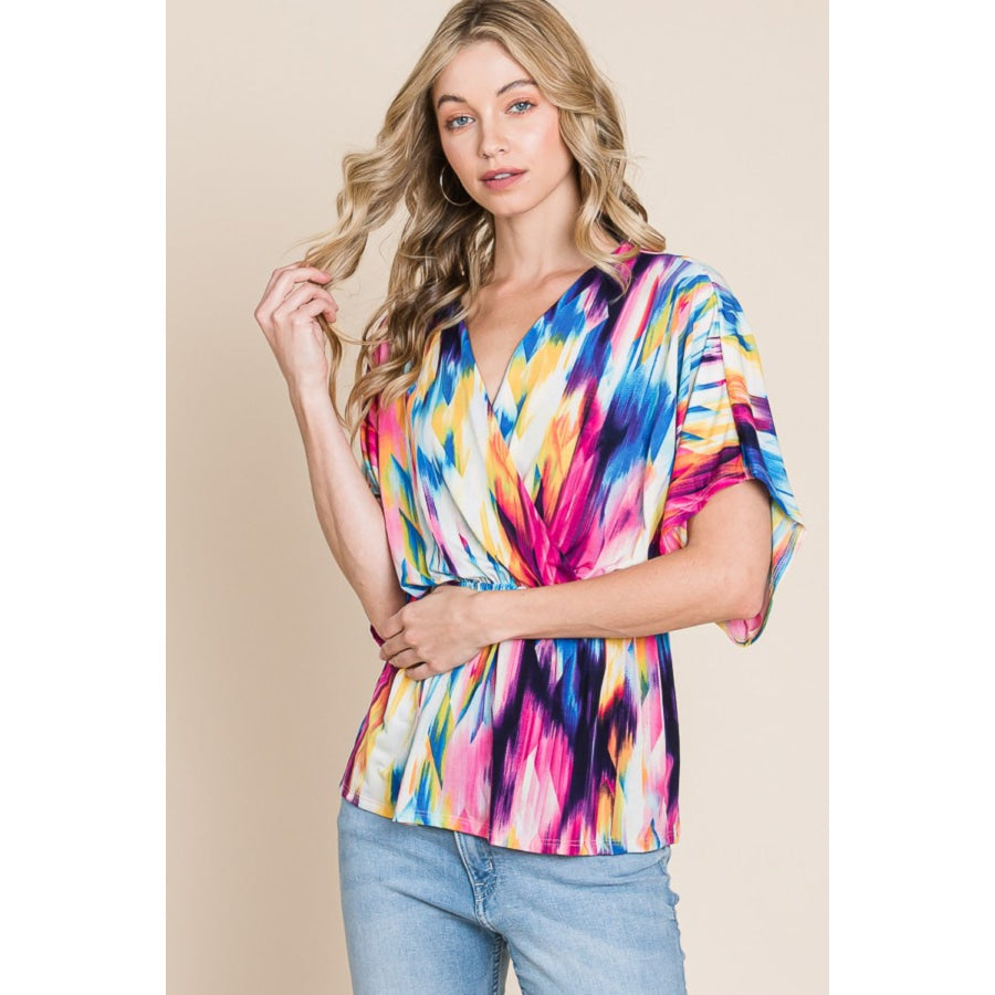 BOMBOM Printed Surplice Peplum Blouse Apparel and Accessories