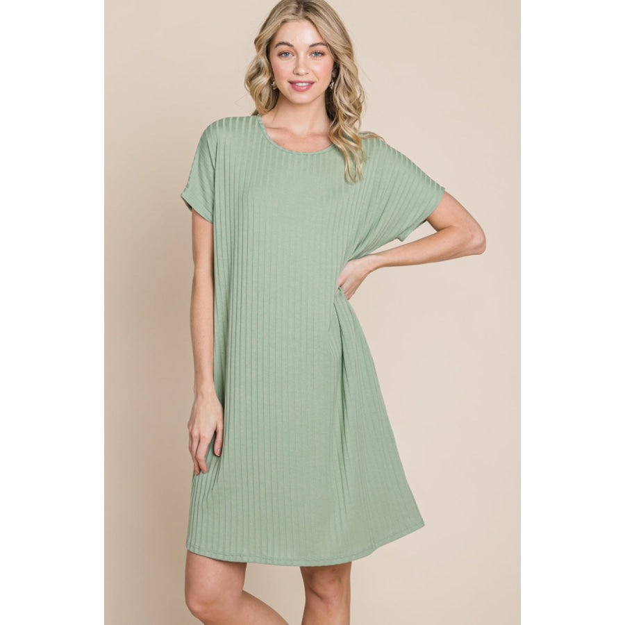 BOMBOM Ribbed Round Neck Short Sleeve Dress Apparel and Accessories