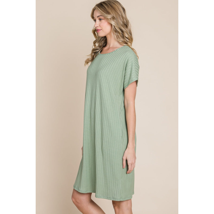 BOMBOM Ribbed Round Neck Short Sleeve Dress Apparel and Accessories