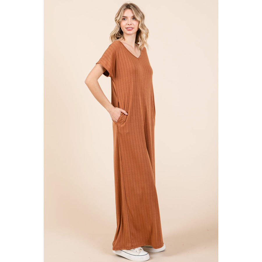 BOMBOM Ribbed Short Sleeve Wide Leg Jumpsuit Apparel and Accessories