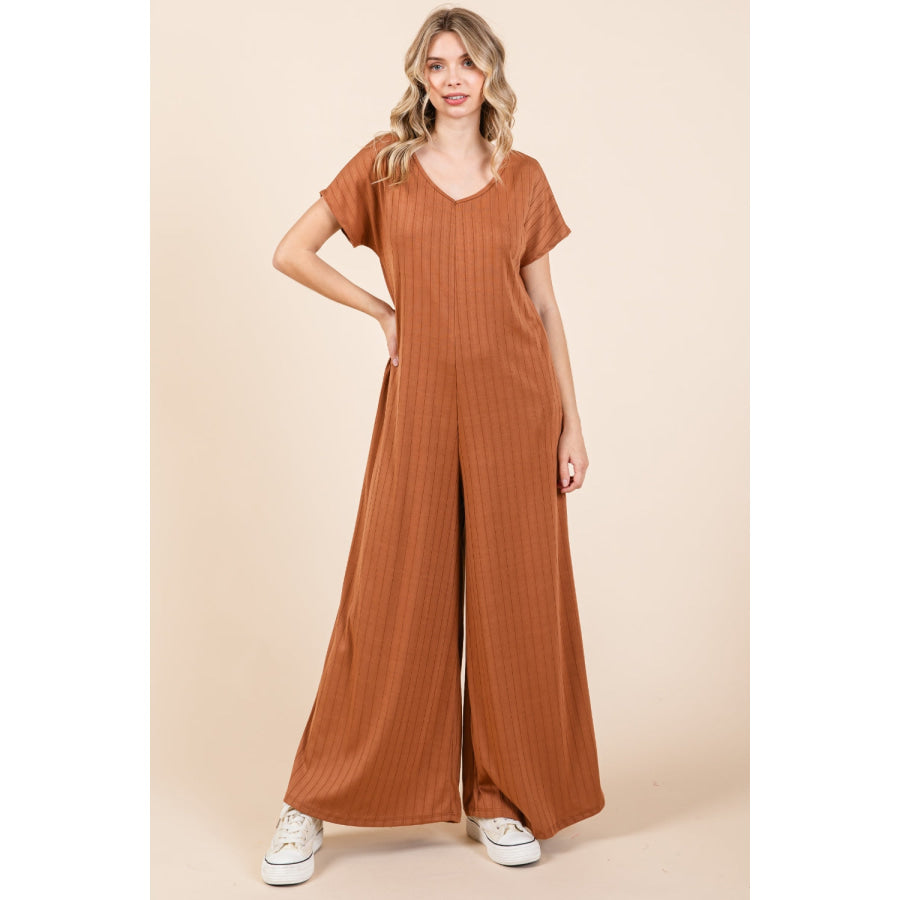 BOMBOM Ribbed Short Sleeve Wide Leg Jumpsuit Apparel and Accessories