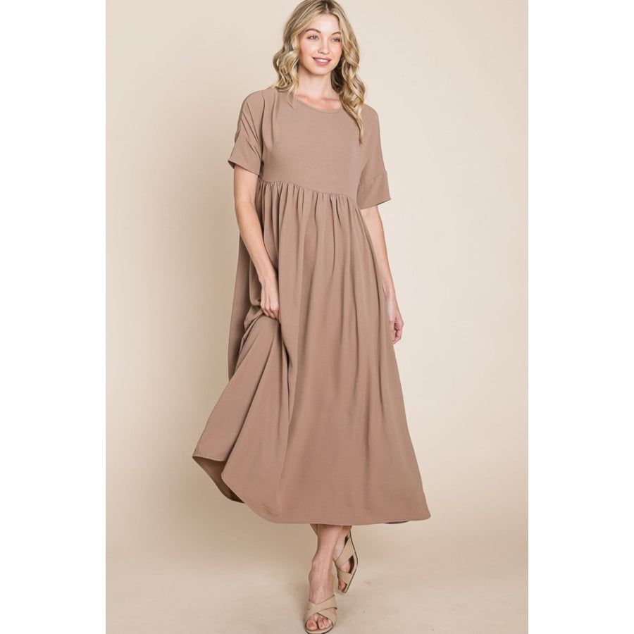 BOMBOM Round Neck Ruched Midi Dress Apparel and Accessories