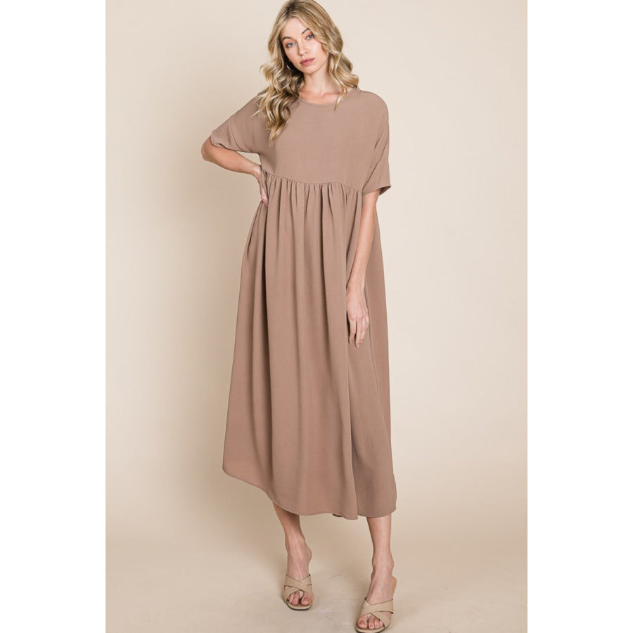 BOMBOM Round Neck Ruched Midi Dress Apparel and Accessories