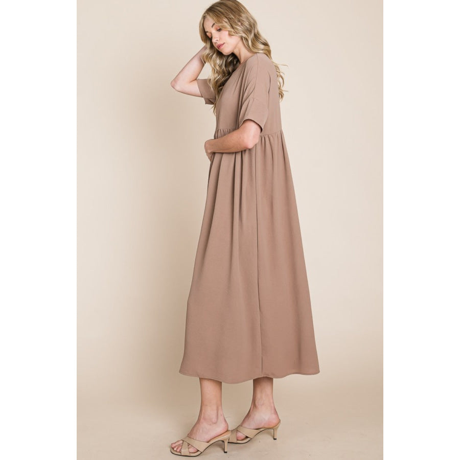 BOMBOM Round Neck Ruched Midi Dress Apparel and Accessories