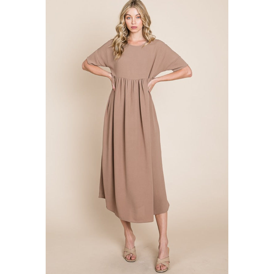 BOMBOM Round Neck Ruched Midi Dress Mocha / S Apparel and Accessories