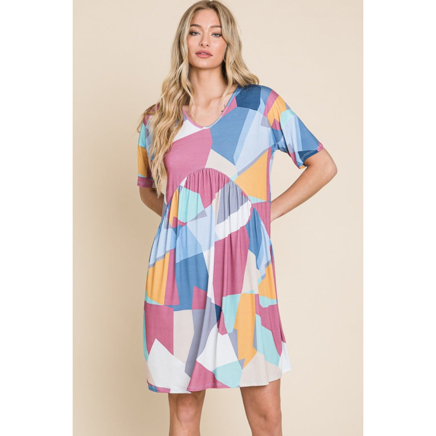 BOMBOM Ruched Color Block Short Sleeve Dress Apparel and Accessories