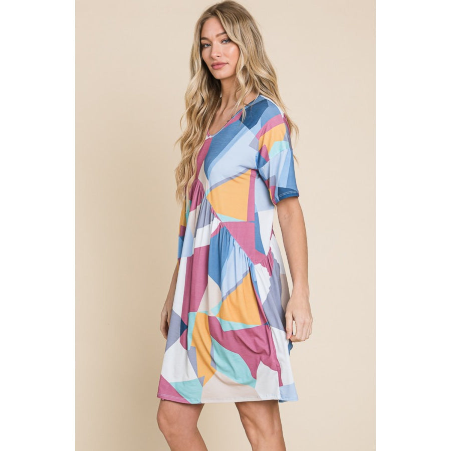BOMBOM Ruched Color Block Short Sleeve Dress Apparel and Accessories