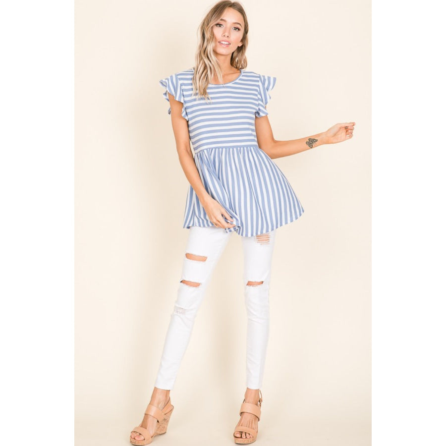 BOMBOM Striped Round Neck Blouse Apparel and Accessories