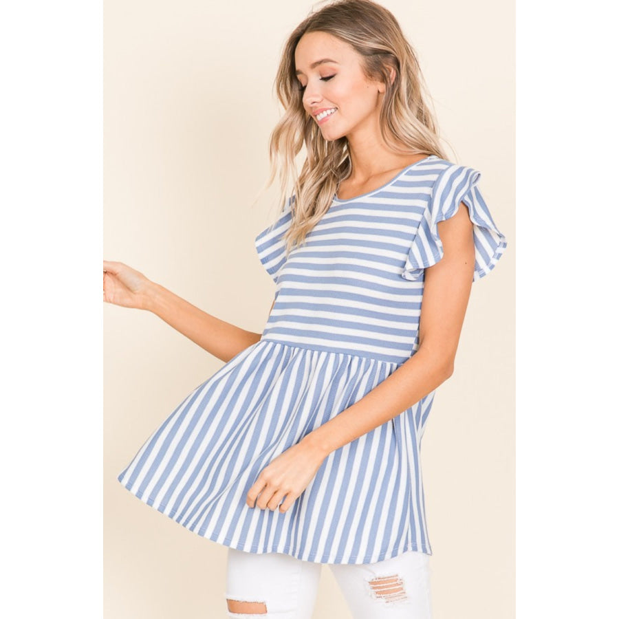 BOMBOM Striped Round Neck Blouse Apparel and Accessories