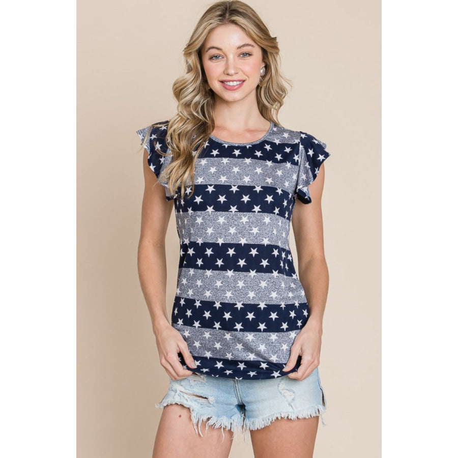 BOMBOM Striped Round Neck Cap Sleeve T - Shirt Apparel and Accessories