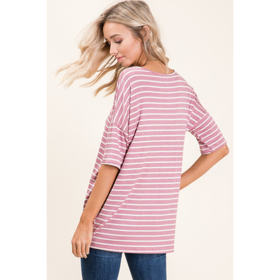 BOMBOM Striped Round Neck Half Sleeve T-Shirt Apparel and Accessories