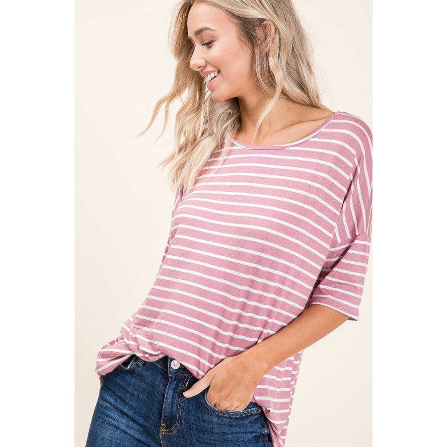 BOMBOM Striped Round Neck Half Sleeve T-Shirt Apparel and Accessories