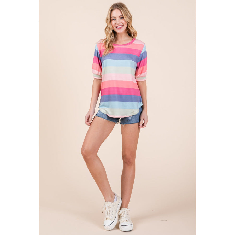 BOMBOM Striped Round Neck Half Sleeve T-Shirt Apparel and Accessories