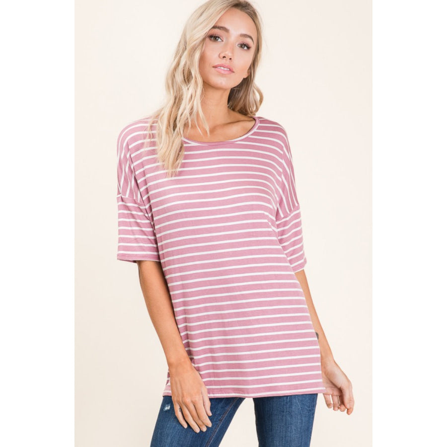 BOMBOM Striped Round Neck Half Sleeve T-Shirt Mauve / S Apparel and Accessories