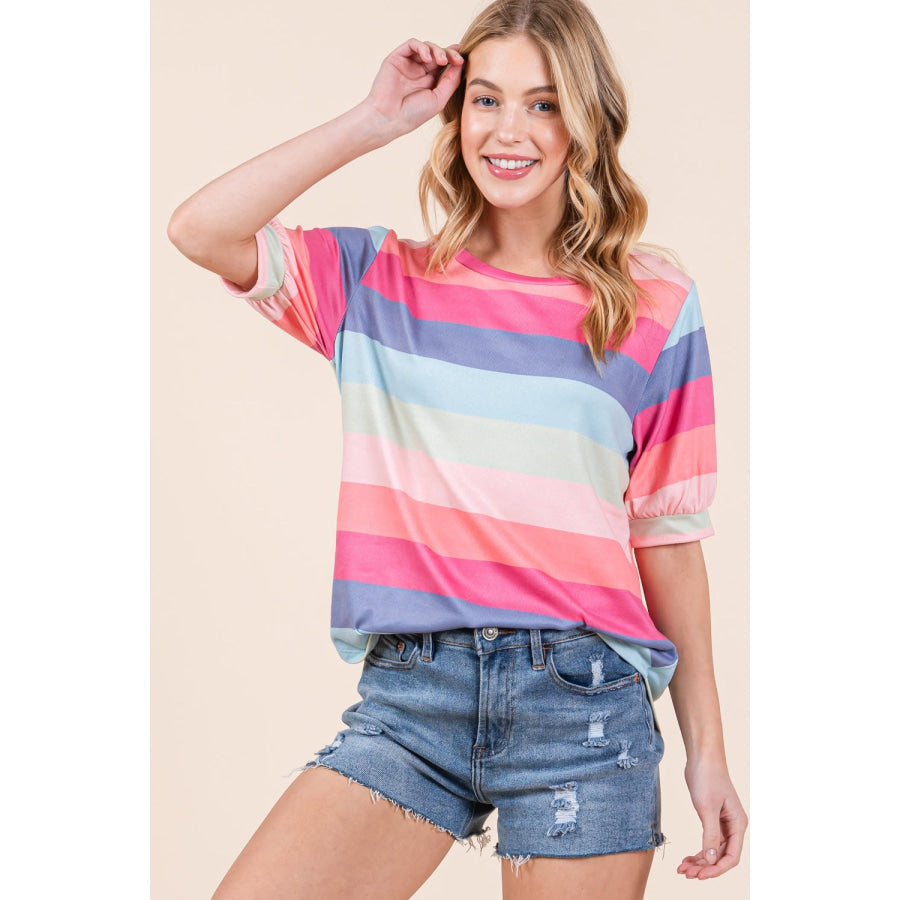 BOMBOM Striped Round Neck Half Sleeve T-Shirt Multicolor / S Apparel and Accessories