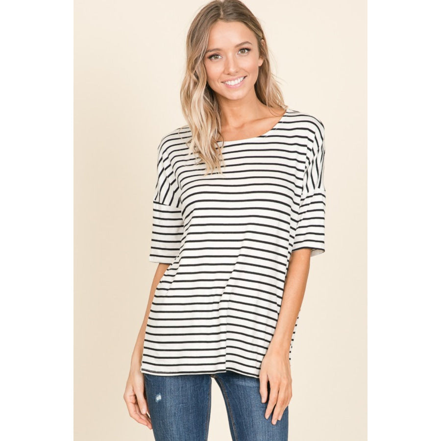 BOMBOM Striped Round Neck T - Shirt Apparel and Accessories