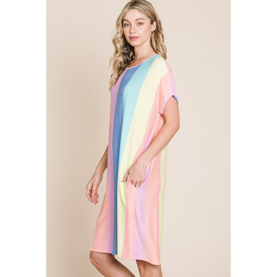 BOMBOM Striped Short Sleeve Dress with Pockets Apparel and Accessories