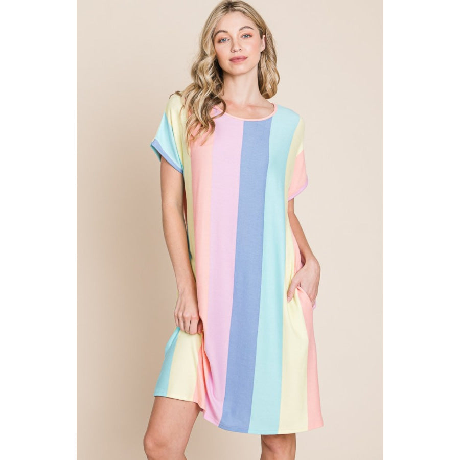 BOMBOM Striped Short Sleeve Dress with Pockets Apparel and Accessories