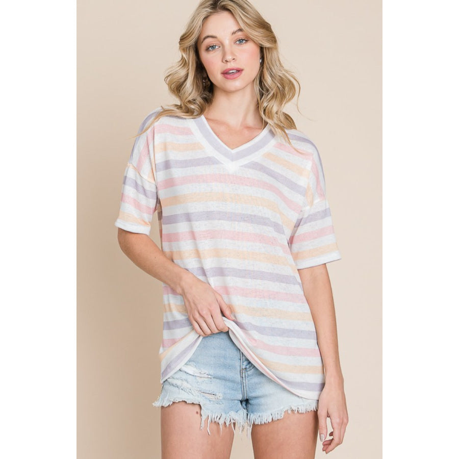 BOMBOM Striped V - Neck Short Sleeve T - Shirt Stripe / S Apparel and Accessories