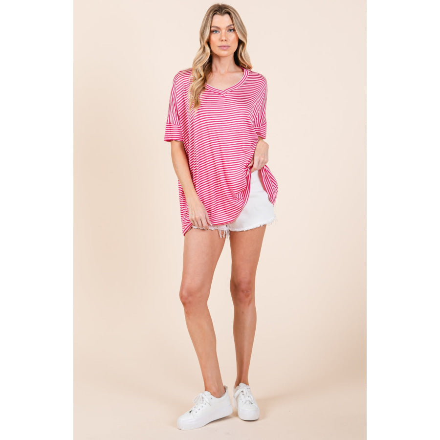 BOMBOM Striped V - Neck T - Shirt Apparel and Accessories