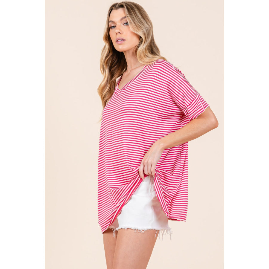 BOMBOM Striped V - Neck T - Shirt Apparel and Accessories
