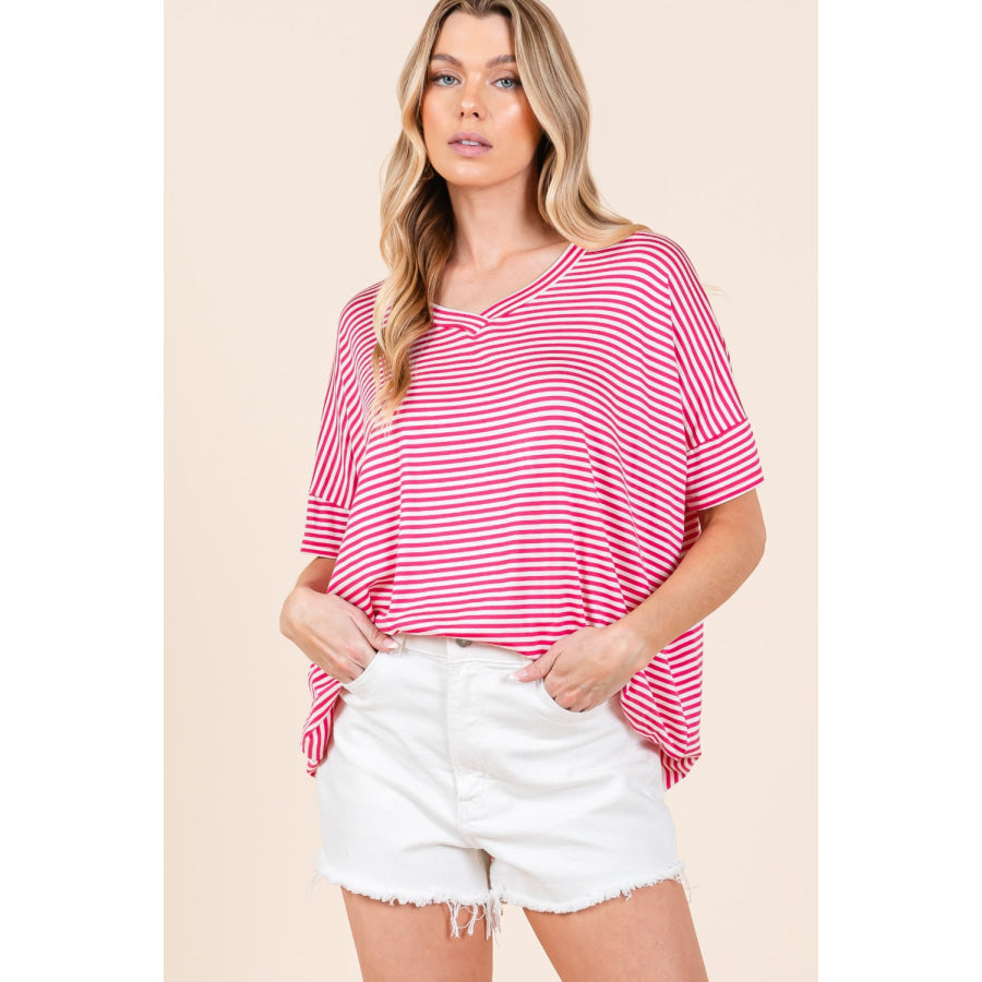 BOMBOM Striped V - Neck T - Shirt Fuchsia / S Apparel and Accessories