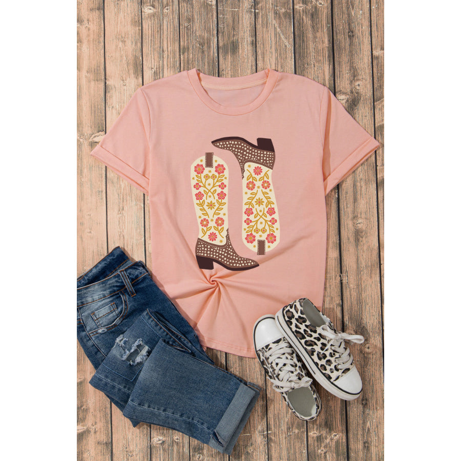 Boot Graphic Round Neck Short Sleeve T-Shirt Shirts & Tops