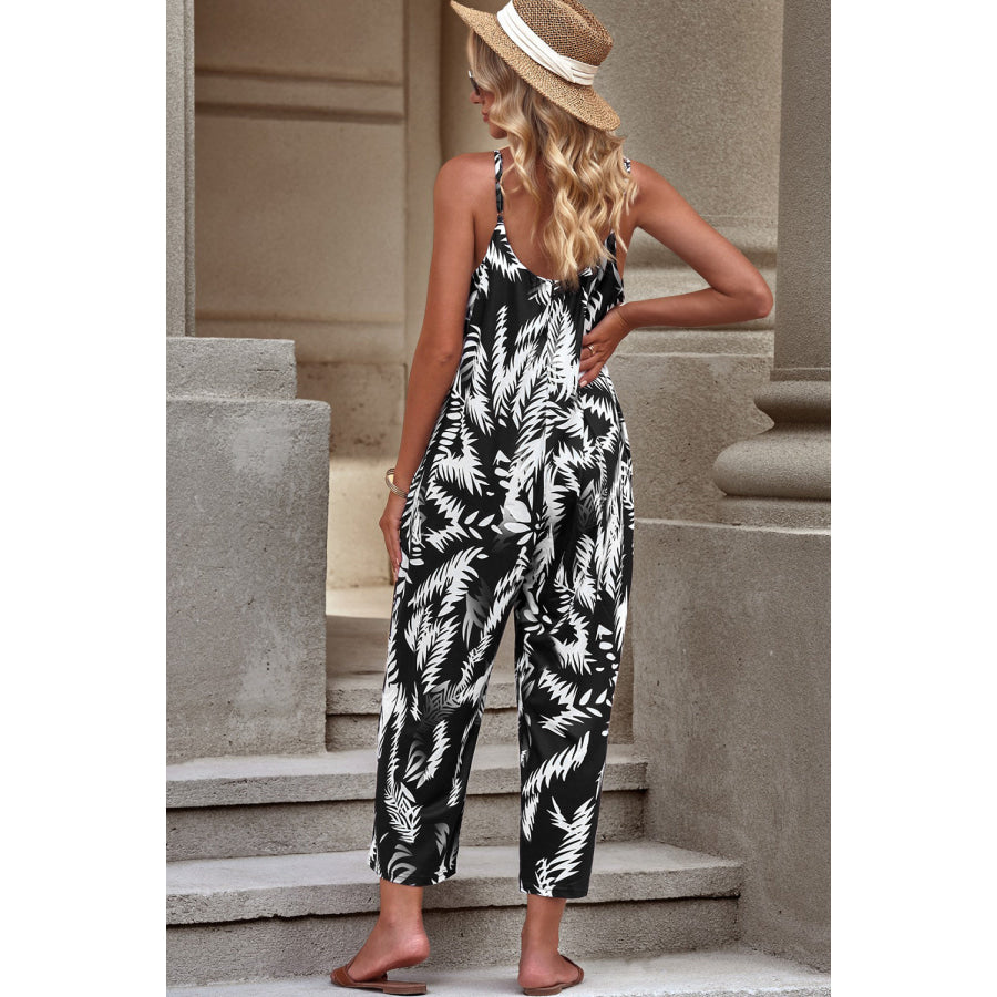 Botanical Print Spaghetti Strap Cropped Jumpsuit