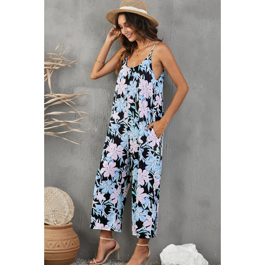 Botanical Print Spaghetti Strap Cropped Jumpsuit