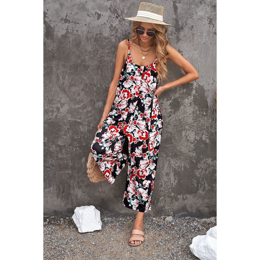 Botanical Print Spaghetti Strap Cropped Jumpsuit