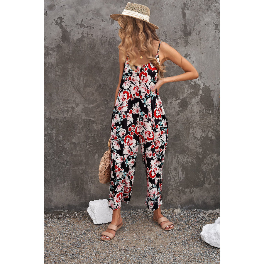 Botanical Print Spaghetti Strap Cropped Jumpsuit