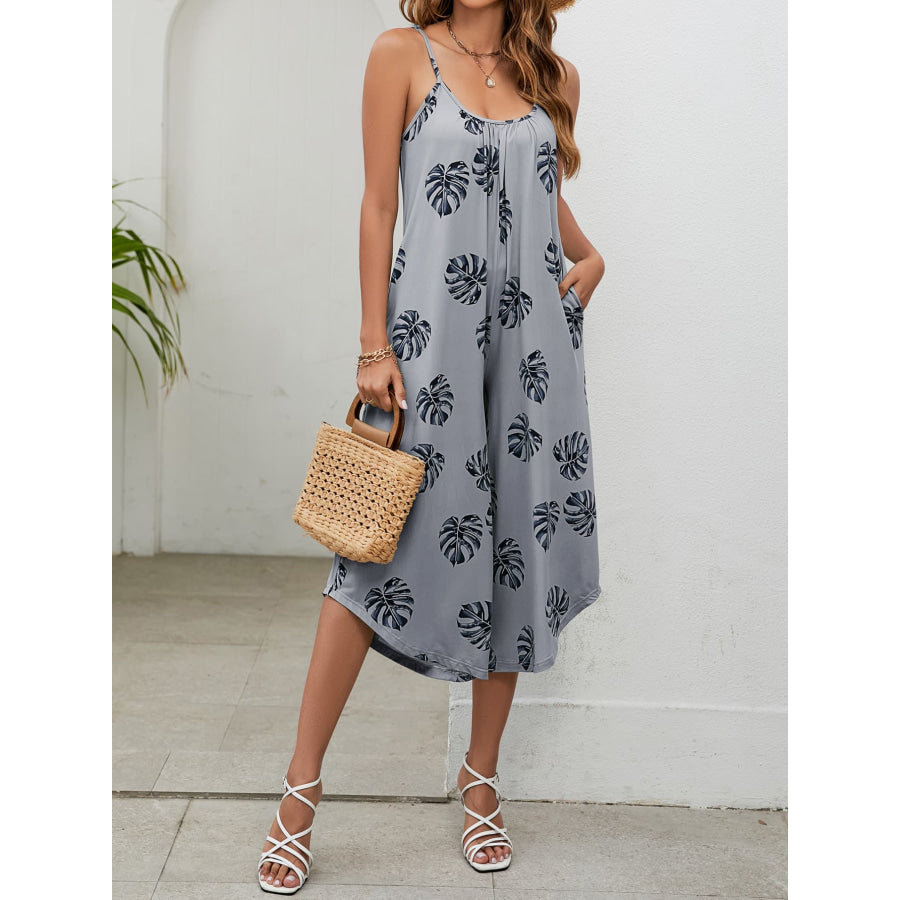 Botanical Print Spaghetti Strap Scoop Neck Jumpsuit