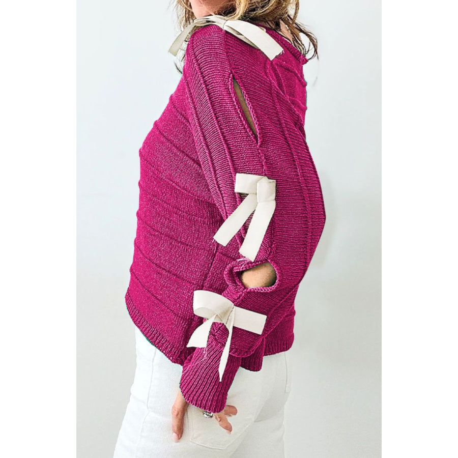 Bow Cutout Round Neck Long Sleeve Knit Top Apparel and Accessories