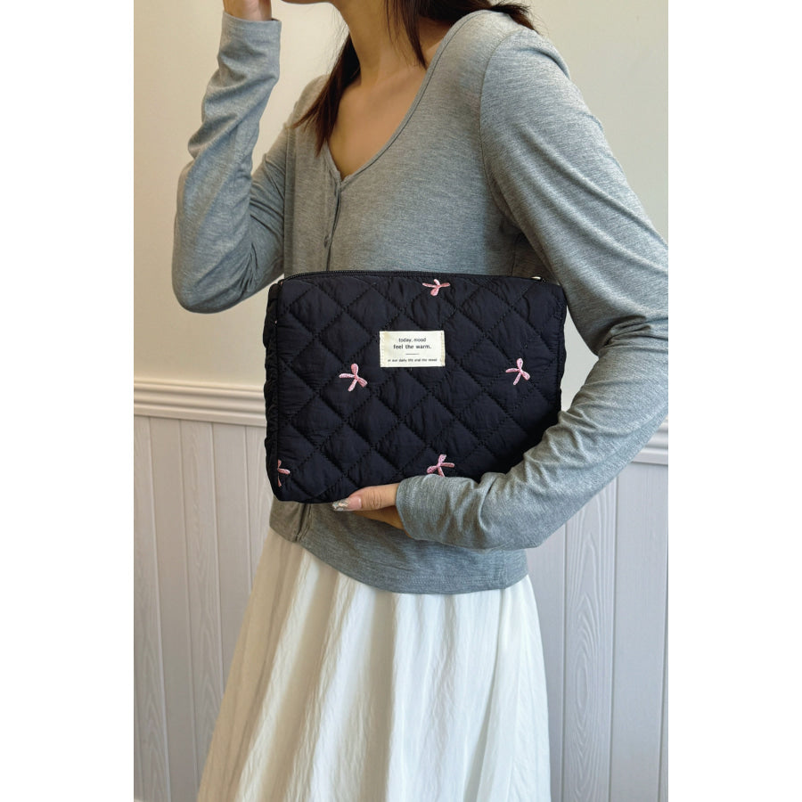 Bow Embroidered Quilted Storage Bag Apparel and Accessories