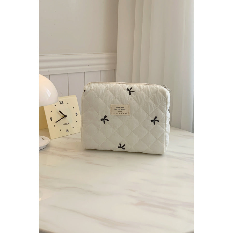 Bow Embroidered Quilted Storage Bag Beige / One Size Apparel and Accessories