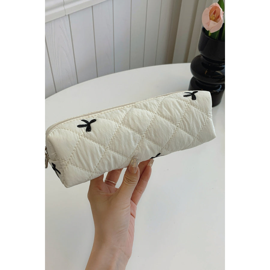 Bow Embroidered Quilted Storage Bag Beige / One Size Apparel and Accessories