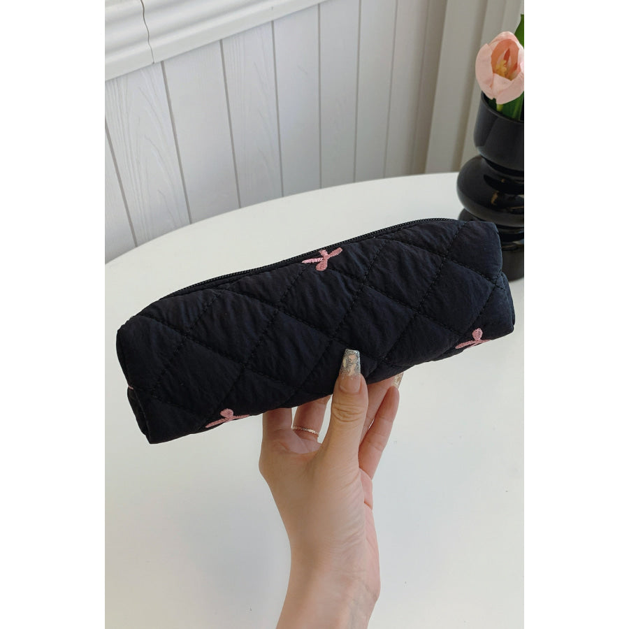 Bow Embroidered Quilted Storage Bag Black / One Size Apparel and Accessories