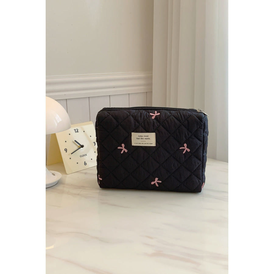Bow Embroidered Quilted Storage Bag Black / One Size Apparel and Accessories