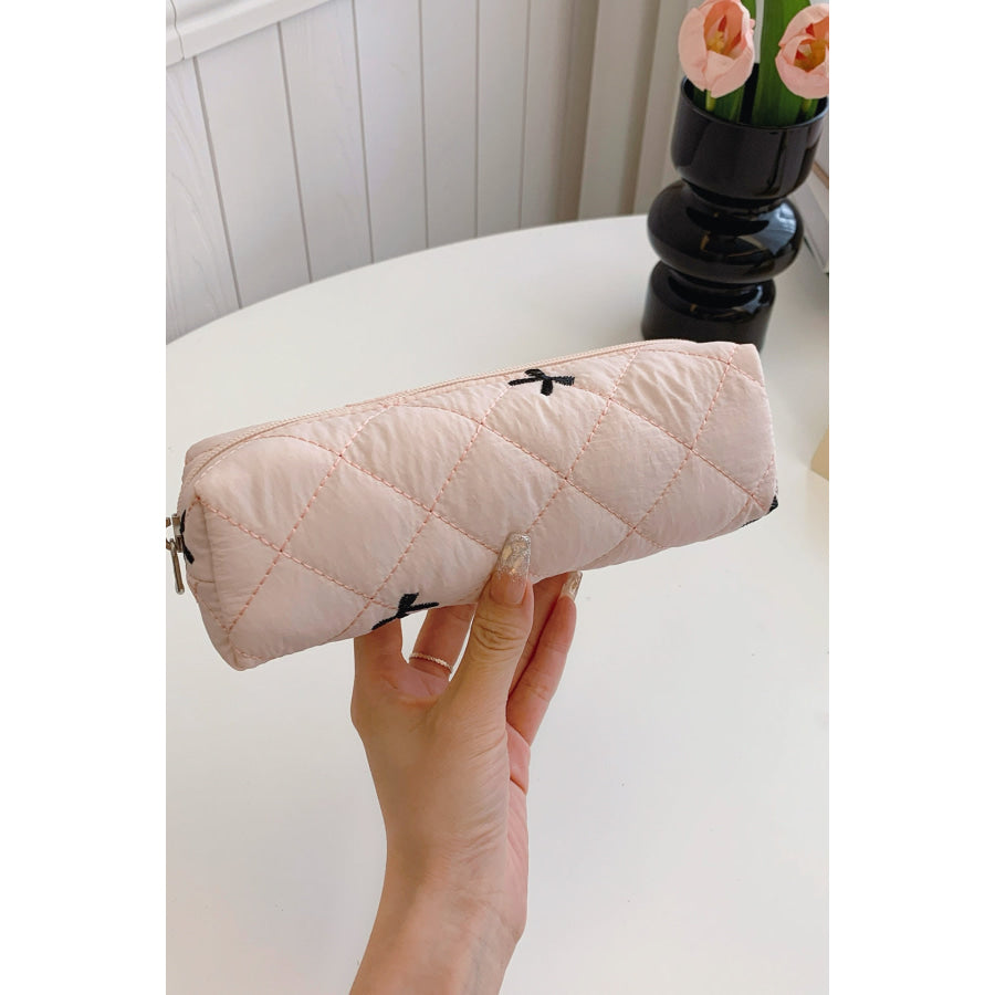 Bow Embroidered Quilted Storage Bag Blush Pink / One Size Apparel and Accessories