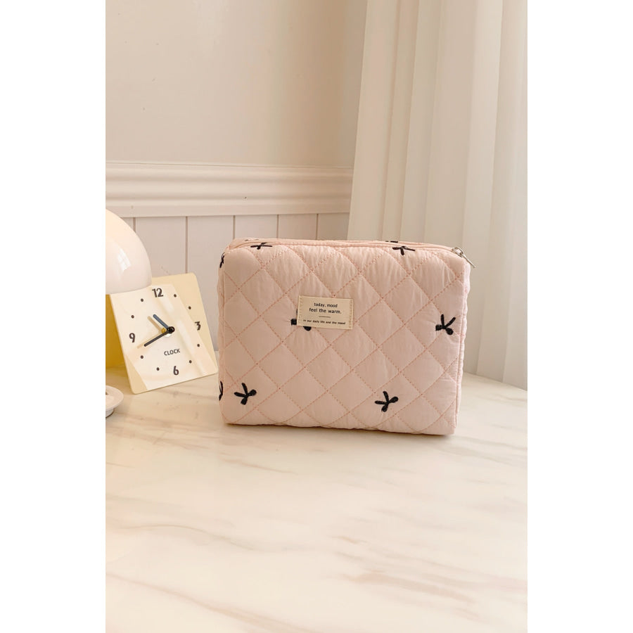 Bow Embroidered Quilted Storage Bag Blush Pink / One Size Apparel and Accessories