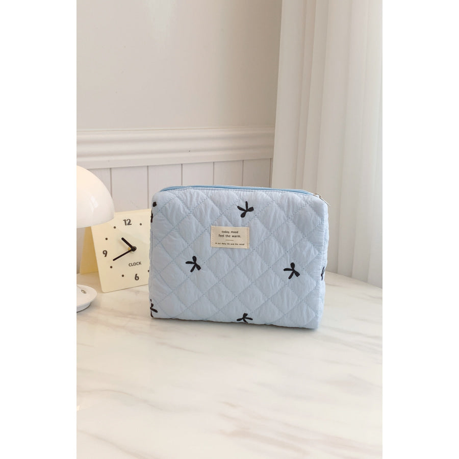 Bow Embroidered Quilted Storage Bag Light Blue / One Size Apparel and Accessories