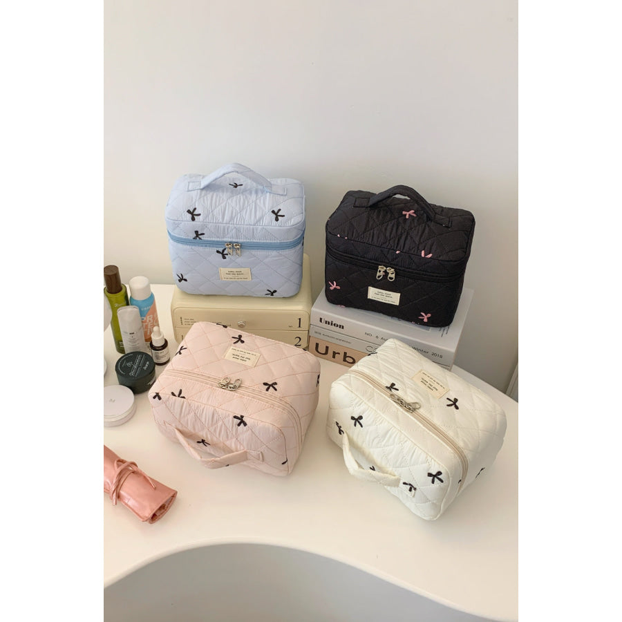 Bow Embroidered Quilted Storage Bag with Zip Apparel and Accessories