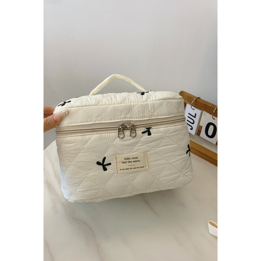 Bow Embroidered Quilted Storage Bag with Zip Apparel and Accessories