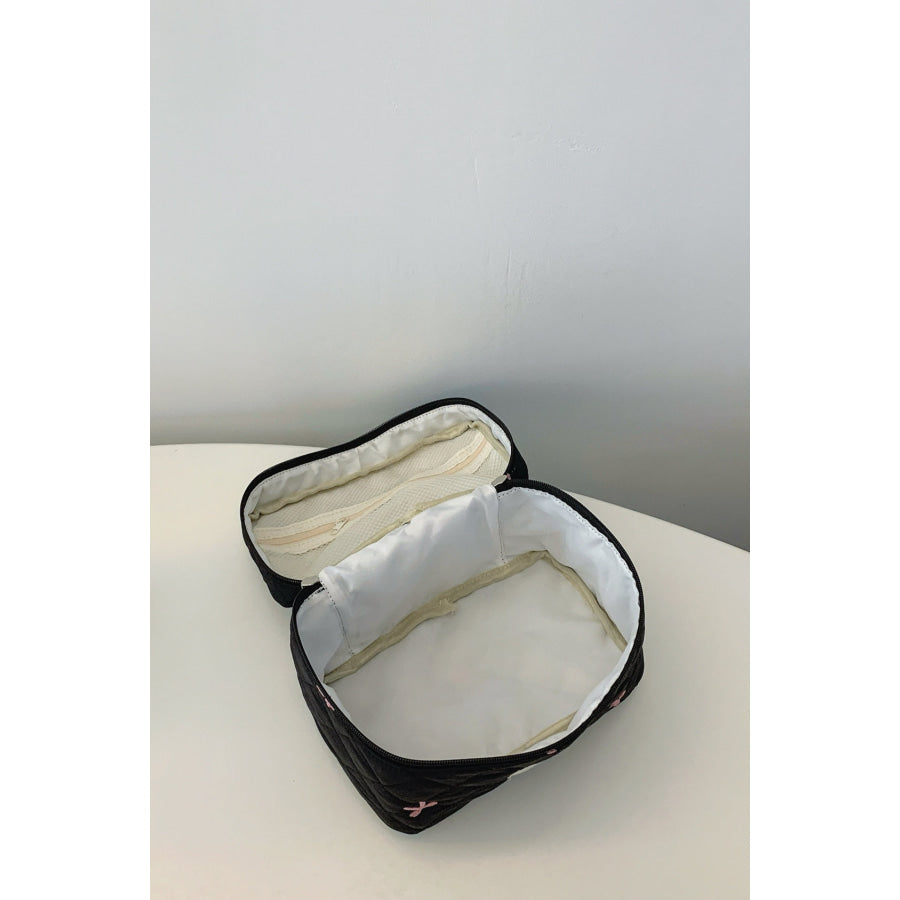 Bow Embroidered Quilted Storage Bag with Zip Apparel and Accessories