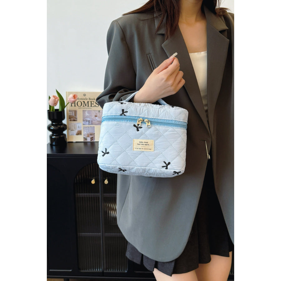 Bow Embroidered Quilted Storage Bag with Zip Apparel and Accessories