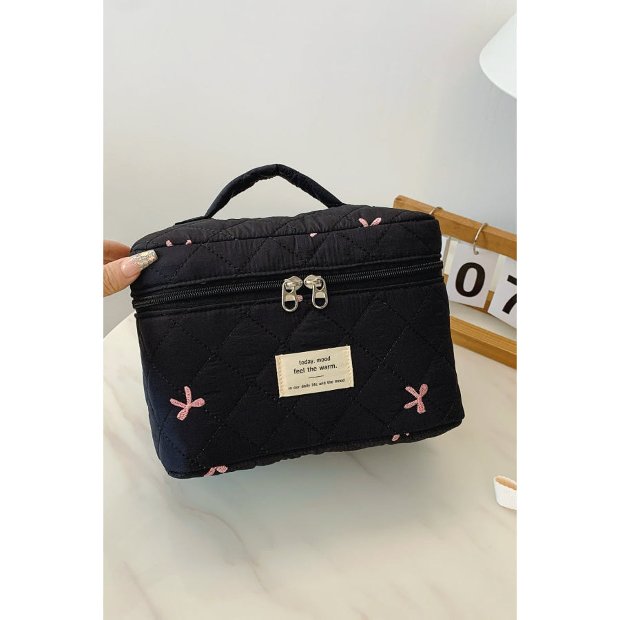 Bow Embroidered Quilted Storage Bag with Zip Apparel and Accessories