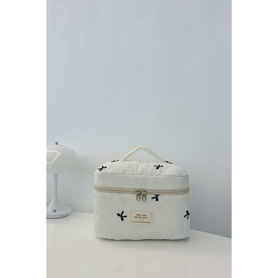 Bow Embroidered Quilted Storage Bag with Zip Apparel and Accessories