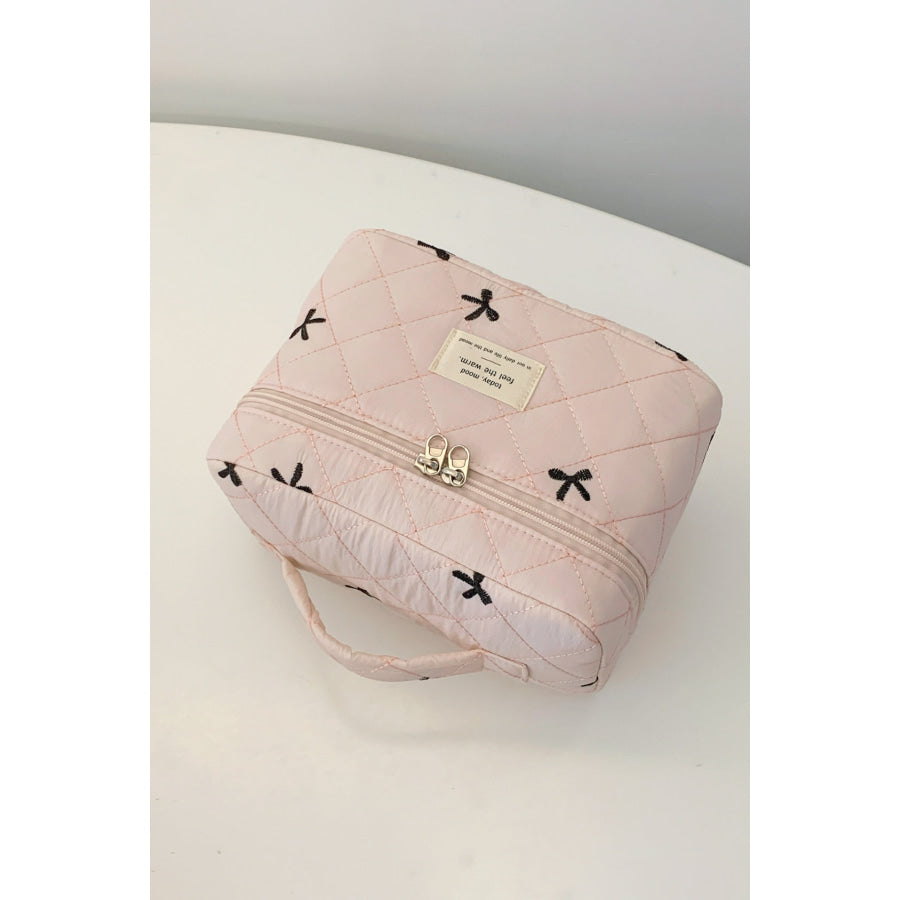 Bow Embroidered Quilted Storage Bag with Zip Apparel and Accessories